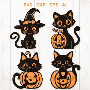 ハロウィン猫バンドル、ハロウィン猫レーザー カット ファイル、カボチャと猫 svg、ハロウィン Glowforge 装飾 svg、ハロウィン バンドル シルエット Cricut