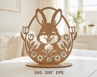 Conejito de Pascua de pie Svg, archivo cortado con láser para decoración de madera de Pascua, adorno de Pascua, conejito de Pascua Svg, decoración de primavera, huevo de Pascua Svg, dxf, Pascua