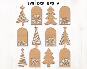 Peut inclure: Ensemble de 10 étiquettes cadeaux en bois découpées au laser en forme d'arbre de Noël avec des motifs de flocons de neige. Les étiquettes sont de styles variés, notamment un arbre simple, un arbre avec un flocon de neige à l'intérieur et un arbre avec un flocon de neige à l'extérieur. Les étiquettes sont parfaites pour ajouter une touche festive à vos cadeaux.