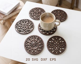 Posavasos de café y té con diseño de mandala (SVG), archivo de corte láser para posavasos redondos, paquete de posavasos (SVG), posavasos de madera (DXF), posavasos con diseño de mandala, Xtool