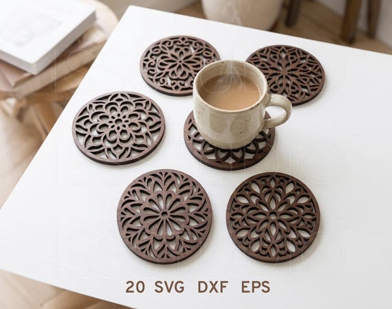 Mandala Coffee Tea Coaster svg, Round Coffee Coaster Laser Cut File, Coaster Bundle svg, Wood Coaster dxf, Mandala Pattern Coasters, Xtool