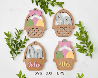 Paquete de etiquetas SVG para canasta de Pascua, etiquetas para canasta de Pascua, adornos de Pascua SVG, etiqueta de conejito y huevo de Pascua, percha de Pascua SVG DXF, huevos de Pascua cortados con láser