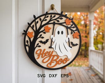 Cartello per porta "Hey Boo" in formato SVG, Pacchetto di cartelli per porta di Halloween, File per taglio laser, Boo SVG, Glowforge autunnale SVG, Decorazione Glowforge carina per Halloween SVG