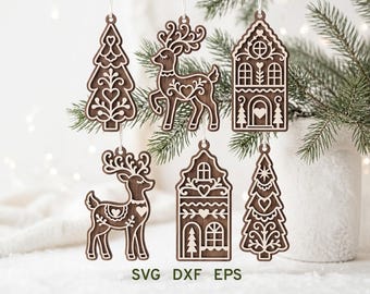 Gingerbread House Ornaments SVG Bundle, Reindeer Ornament Svg, Christmas Tree Svg, Laser Cut Files, Glowforge xTool Cnc, Xmas Decor, Dxf Eps