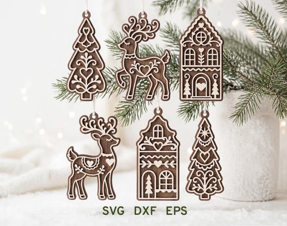 Gingerbread House Ornaments SVG Bundle, Reindeer Ornament Svg, Christmas Tree Svg, Laser Cut Files, Glowforge xTool Cnc, Xmas Decor, Dxf Eps