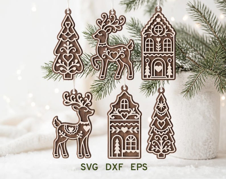 May include: Six dark brown wooden hanging ornaments featuring laser-cut white outlines of two reindeer, two Christmas trees, and two houses with heart motifs. The text SVG DXF EPS is printed at the bottom of the image in dark green letters.