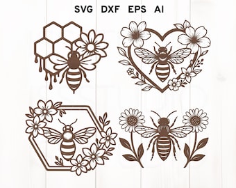 Honey Bee Svg, Honeycomb Svg, Bee with Flowers svg, Wall Art Glowforge svg, Floral Wood Florals Cut Files, Flowers Laser Cut File, Bee Svg