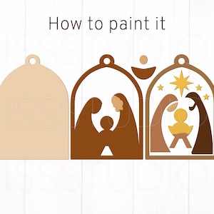 May include: Wooden Christmas ornaments featuring a nativity scene. The ornaments are in the shape of a bell and arch, with the text "How to paint it" at the top. The nativity scenes are in brown and yellow.