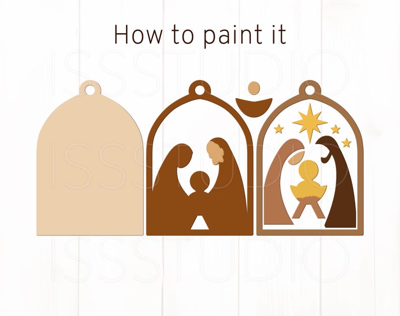 May include: Wooden Christmas ornaments featuring a nativity scene. The ornaments are in the shape of a bell and arch, with the text "How to paint it" at the top. The nativity scenes are in brown and yellow.