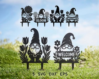 Paquete de estacas de jardín con gnomos en formato SVG, archivo de corte láser de gnomo, decoración para césped, SVG de bienvenida para el jardín, decoración de jardín, archivo Xtool CNC Glowforge, archivo digital