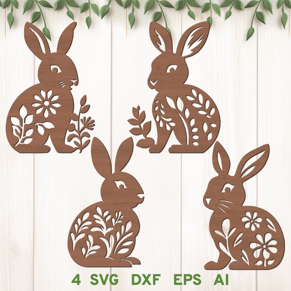 Floral Bunny svg, Easter Bunny Laser Cut File, Standing Easter Ornament svg, Easter Rabbit svg, Bunny Bundle svg dxf, Floral Rabbit SVG