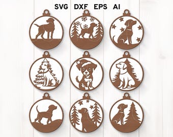 May include: Nine different Christmas ornament designs featuring dogs of various breeds. Each ornament is a white circle with a brown outline and a dog silhouette inside. The dogs are in various poses, including sitting, standing, and running. Some ornaments feature a Christmas tree or snowflakes.