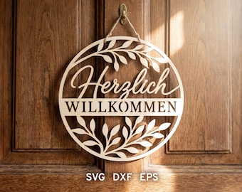 Herzlich Willkommen Türschild svg, Willkommen Door Hanger, Glowforge Laser File, Cricut Cut File, Frühling Fenster Deko, Laser Cricut Alemán