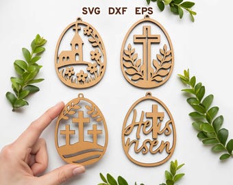Archivos cortados con láser para huevos de Pascua religiosos, etiquetas para huevos de Pascua (SVG), Glowforge Xtool Lightburns para huevos de Pascua, Él ha resucitado (SVG), colgador de adornos de Pascua (DXF)