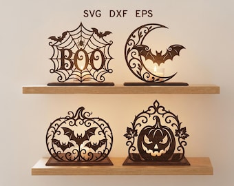 Pacchetto SVG per portacandele di Halloween, file per taglio laser per supporto per lumini, decorazione da tavolo in legno con zucca, luna e boo pipistrello, file DXF EPS per Glowforge xTool CNC.
