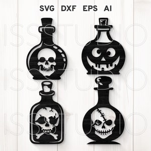 Puede incluir: Cuatro archivos de corte SVG en blanco y negro de botellas de poción con diferentes diseños de calaveras. Las botellas son redondas con una parte superior puntiaguda y un tapón de corcho. Las calaveras tienen diferentes expresiones faciales y detalles. SVG, DXF, EPS, AI.