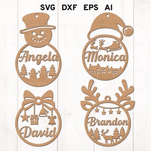 Puede incluir: Cuatro diseños de adornos navideños de madera con nombres personalizados. Los adornos presentan un muñeco de nieve, un Papá Noel, un reno y un árbol de Navidad.
