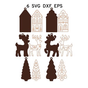 May include: A digital collection of 6 SVG DXF EPS files featuring dark brown silhouettes and light brown line art outlines of houses, reindeer, and Christmas trees, each designed with a small hole at the top for hanging as ornaments.
