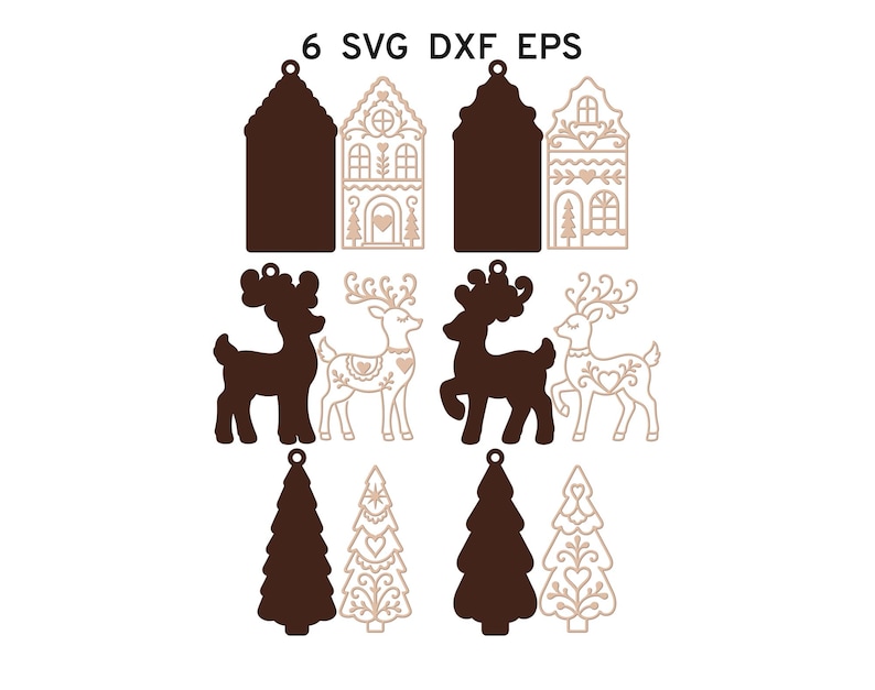 May include: A digital collection of 6 SVG DXF EPS files featuring dark brown silhouettes and light brown line art outlines of houses, reindeer, and Christmas trees, each designed with a small hole at the top for hanging as ornaments.