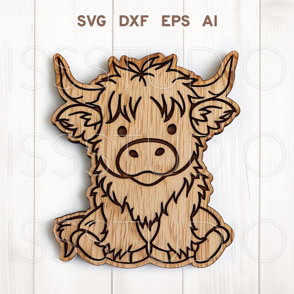 Highland Cow Laser Cut Datei, Baby Highland Cow SVG dxf, Langhaar Kuh SVG, Süße Baby Kuh Laser Cricut Glowforge Silhouette