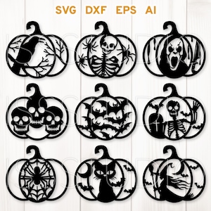 May include: Nine black and white pumpkin cutouts with various Halloween themes. The pumpkins feature a spider, a cat, a witch, a skeleton, a ghost, bats, and skulls.