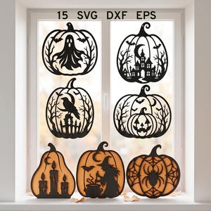 May include: A collection of black pumpkin-shaped cutouts featuring silhouettes of ghosts, haunted houses, ravens, and jack-o'-lanterns, alongside three layered wooden pumpkin ornaments depicting candles, a witch with a cauldron, and a spider web.