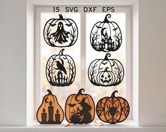 Pacchetto di zucche di Halloween in formato SVG, Pacchetto di zucche di Halloween in formato SVG, File per taglio laser di decorazioni per finestre di Halloween, Zucca spettrale per Glowforge Silhouette