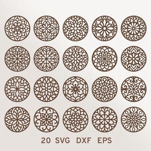 May include: A collection of twenty brown circular designs with intricate floral and geometric patterns. The designs are arranged in a grid, with each circle featuring a unique, detailed cutout. The text "20 SVG DXF EPS" is at the bottom.