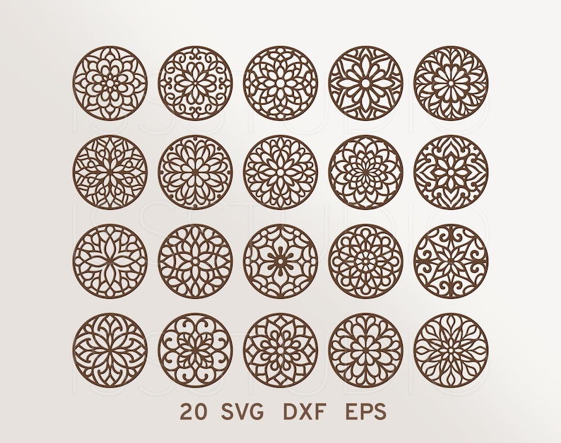 May include: A collection of twenty brown circular designs with intricate floral and geometric patterns. The designs are arranged in a grid, with each circle featuring a unique, detailed cutout. The text "20 SVG DXF EPS" is at the bottom.