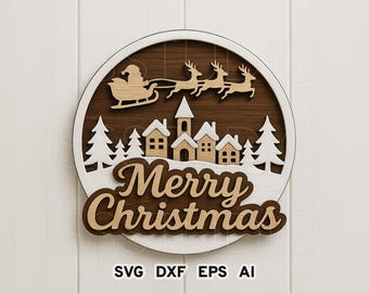 Puede incluir: Decoración navideña de madera con un diseño circular y un fondo de vetas de madera marrón. El diseño incluye a Papá Noel en un trineo tirado por renos, una escena de pueblo y las palabras "Merry Christmas". El diseño está superpuesto con madera blanca y natural.
