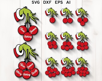 May include: Green Grinch hand holding red ornaments with names Tina, James, Ashley, Mary, and Scott.  The ornaments are perfect for Christmas tree decorations.