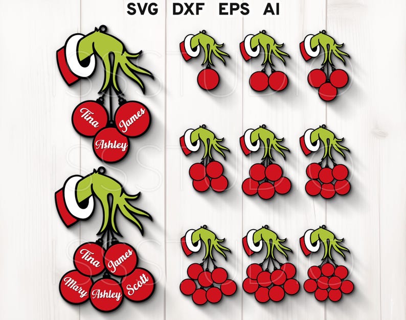 May include: Green Grinch hand holding red ornaments with names Tina, James, Ashley, Mary, and Scott.  The ornaments are perfect for Christmas tree decorations.