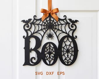 SVG per appendere la porta a tema Halloween, set di cartelli per la porta con ragnatele, file per taglio laser, SVG Boo, SVG spettrale per Glowforge, SVG divertente per decorazioni di Halloween per Glowforge