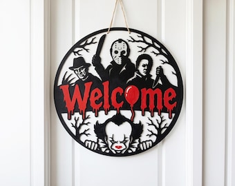Cartello di benvenuto horror per la porta SVG, appendiabiti di benvenuto per Halloween SVG, decorazione cinematografica Glowforge SVG, file di taglio laser di benvenuto per Halloween Silhouette CNC