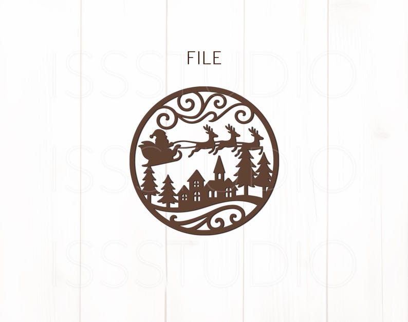 May include: A brown circular Christmas ornament featuring Santa Claus in a sleigh pulled by reindeer, flying over a village with trees. The word "FILE" is at the top.