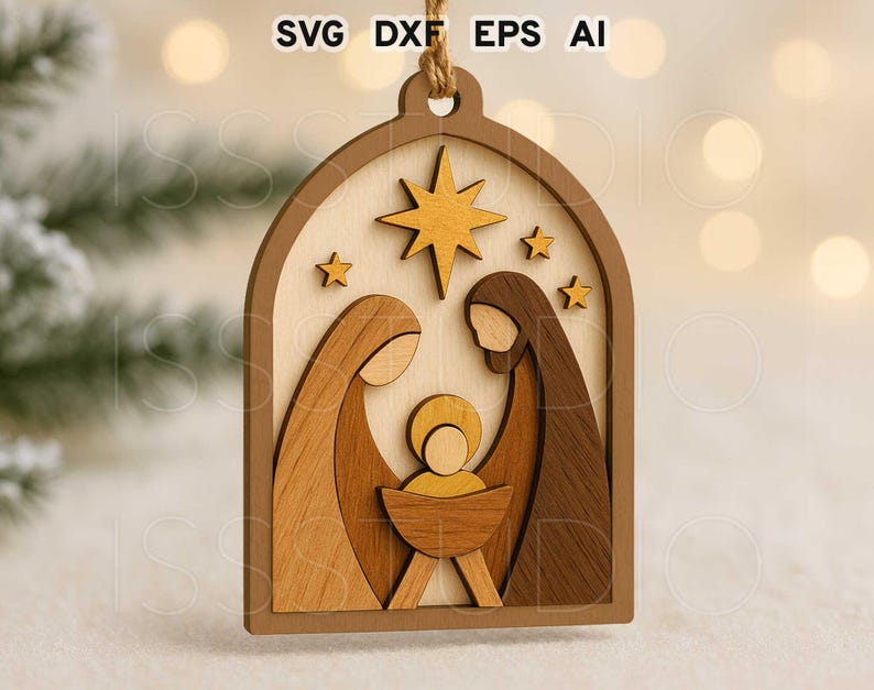 May include: Wooden Christmas ornament featuring a Nativity scene. The ornament has a layered design with a brown frame, a light wood background, and figures in shades of brown and gold. The text "SVG DXF EPS AI" is at the top.