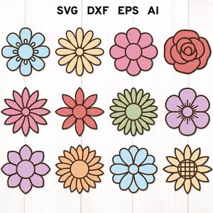 May include: A collection of twelve colorful flower designs in various shapes and colors, including blue, yellow, pink, and orange. Each flower has a black outline. The image also includes the text "SVG DXF EPS AI" at the top.