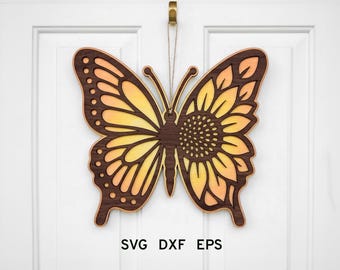 Appendi porta con farfalla e girasole svg, Cartello estivo per porta, File Glowforge, Decorazione primaverile, Decorazione per porta estiva, Appendi porta floreale con farfalla
