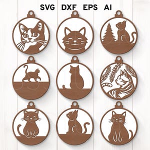 May include: Set of nine brown wooden ornaments featuring various cat designs. Each ornament has a loop for hanging. The cat designs include a cat with a tree, a cat with a paw print, a cat with a fish, a cat with a heart, a cat with a star, a cat with a moon, a cat with a sun, a cat with a cloud, and a cat with a rainbow.