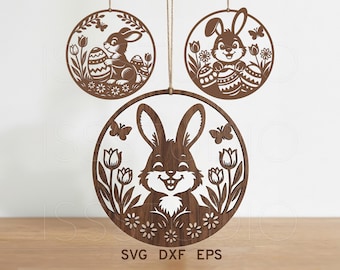 Colgador de puerta redondo de conejito de Pascua SVG, letrero de conejito de Pascua, archivo láser Glowforge de Pascua, archivo de corte Cricut de Pascua, Pascua, letrero de bienvenida de primavera SVG