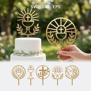 Pode incluir: Toppers de bolo dourados com símbolos religiosos, incluindo uma cruz, um cálice e um design de raios de sol. Um topper está em um bolo branco com detalhes de folhas verdes. A imagem também mostra outros designs e o texto "SVG DXF EPS".