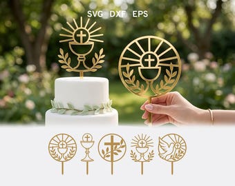 Topper de pastel de primera comunión Svg, archivo de corte láser cristiano, Erstkommunion Deko, cruz eucarística del cáliz, rama de olivo de paloma cruzada, decoración del hogar