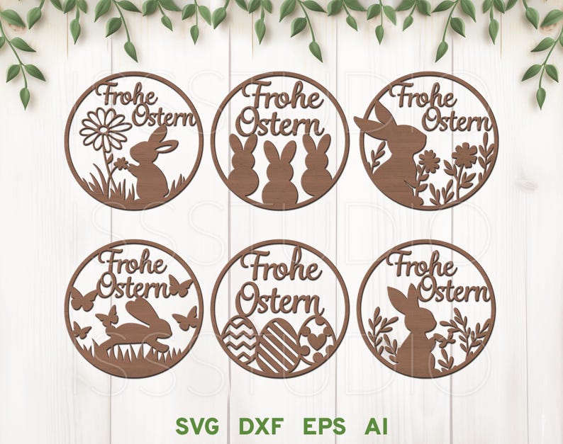 Puede incluir: Seis recortes circulares marrones con la frase alemana "Frohe Ostern" (Feliz Pascua) y varios dise&ntilde;os de tem&aacute;tica pascual, incluyendo conejos, huevos y flores.