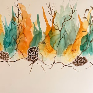May include: Abstract watercolor painting with a landscape theme. The artwork features a blend of orange, teal, and yellow hues, with dark brown branches and textured, brown shapes at the bottom. The background is a light cream color.