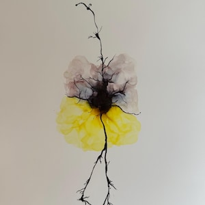 May include: Abstract watercolor painting featuring a central black, tree-like structure with a dark center and branching lines. The artwork includes a yellow and purple floral shape, set against a white background. The artist's signature is in the lower left corner.