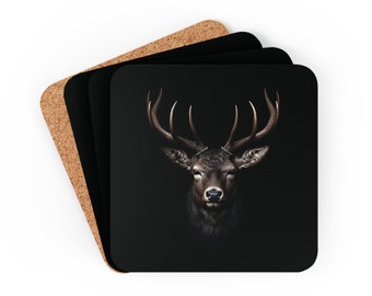 Buck Head Corkwood Coaster Set - Buck coasters, Buck coaster set, deer coasters, man cave coasters, whisky coasters, stag coaster