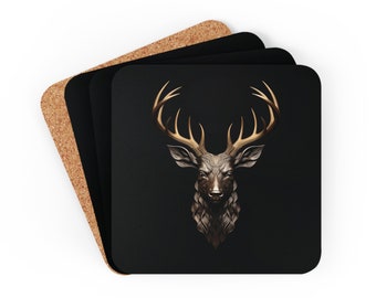 Gold Buck Head Corkwood Coaster Set - Buck coasters, Buck coaster set, deer coasters, man cave coasters, whisky coasters, stag coaster