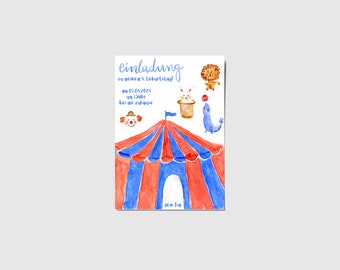 Invitation card children's birthday circus template watercolor customizable