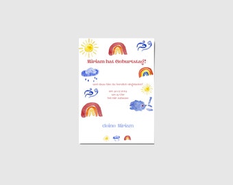 Invitation card children's birthday rainbow weather template watercolor customizable