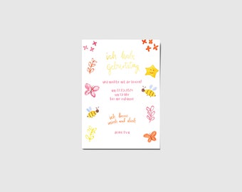 Invitation card for children's birthday flowers bees template watercolor customizable